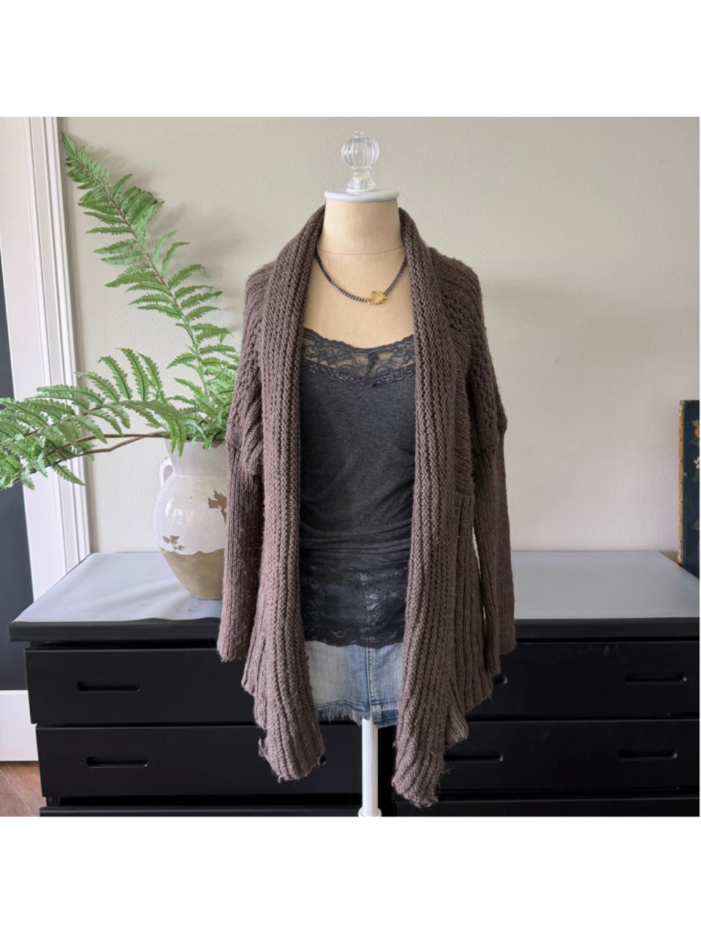 Even Brown Wool Blend Long Knit Cardigan Size L Cozy Open Front Layering Sweater